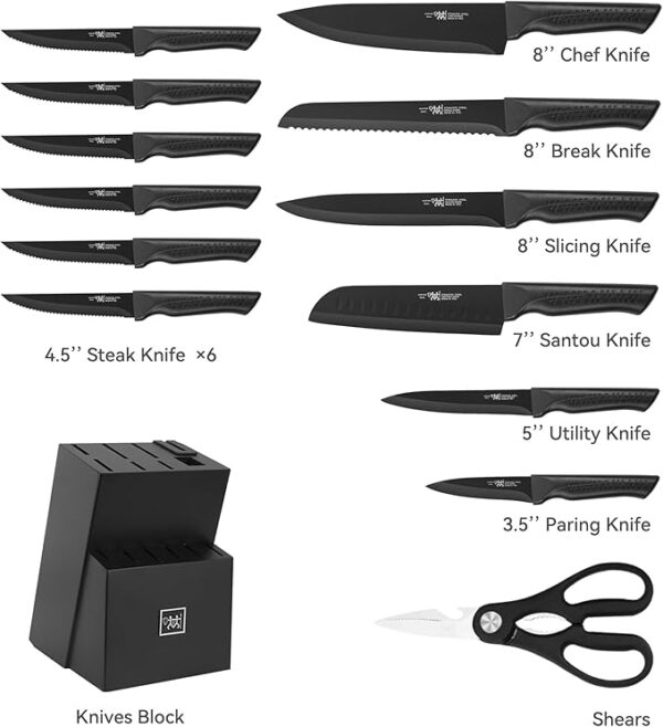 knife set, 15 Pcs Black knife sets for kitchen with block Self Sharpening - Image 2
