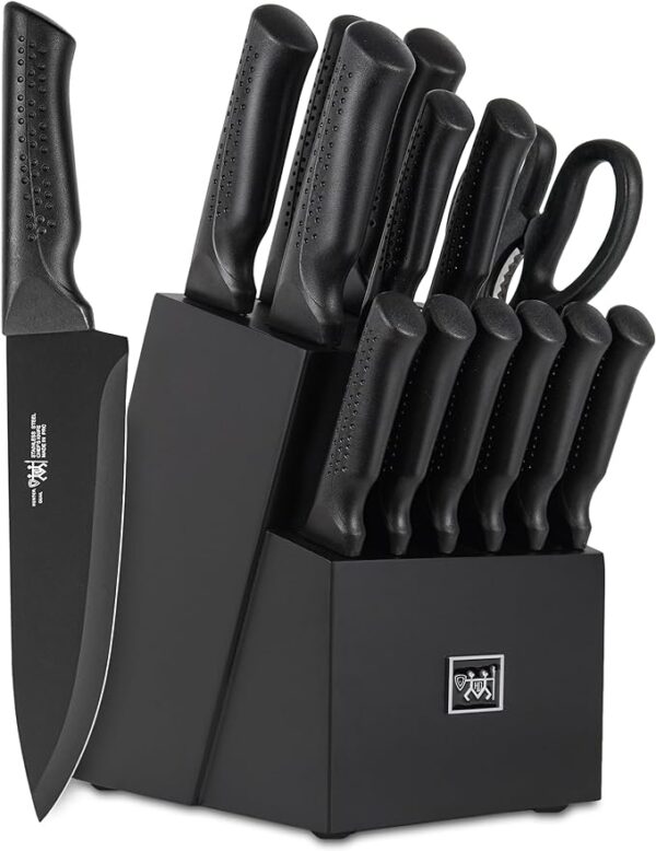 knife set, 15 Pcs Black knife sets for kitchen with block Self Sharpening
